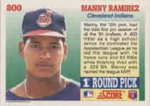 Back of 1992 ScoreCard number 800 Manny Ramirez RC