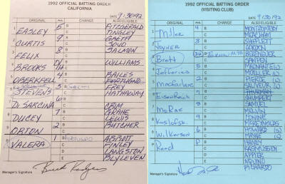 1992 George Brett 3,000 Hit Anaheim Stadium Official Batting Order Lineup Cards